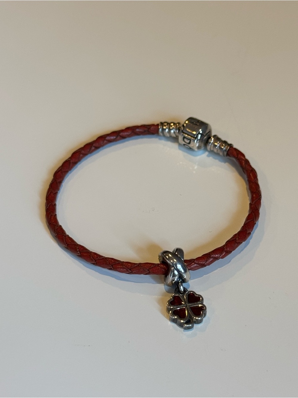 Pandora Sterling Silver Charm Red Braided Leather Bracelet - Lucky Clover